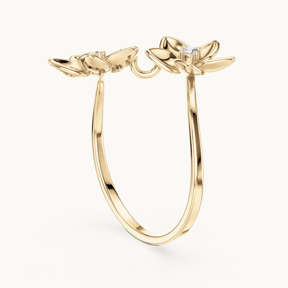 Round lab-grown diamond double flower bypass ring in yellow gold, 0.04 CT TW, view 1