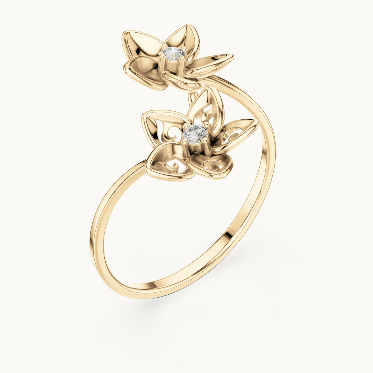 Round lab-grown diamond double flower bypass ring in yellow gold, 0.04 CT TW, view 2