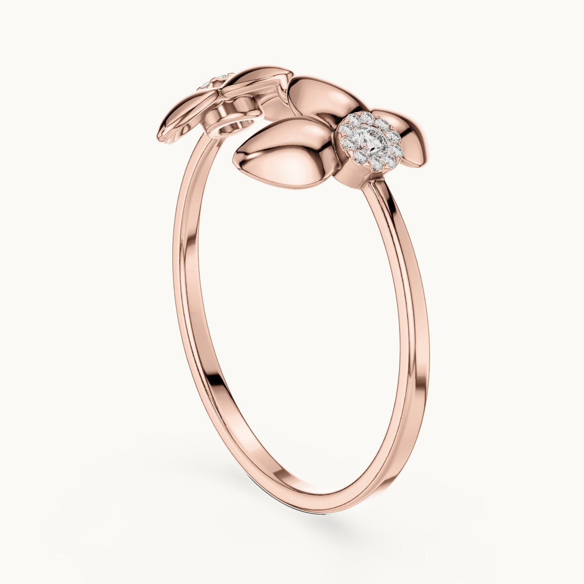 Round lab-grown diamond double flower open ring in rose gold, 0.066 CT TW, view 1