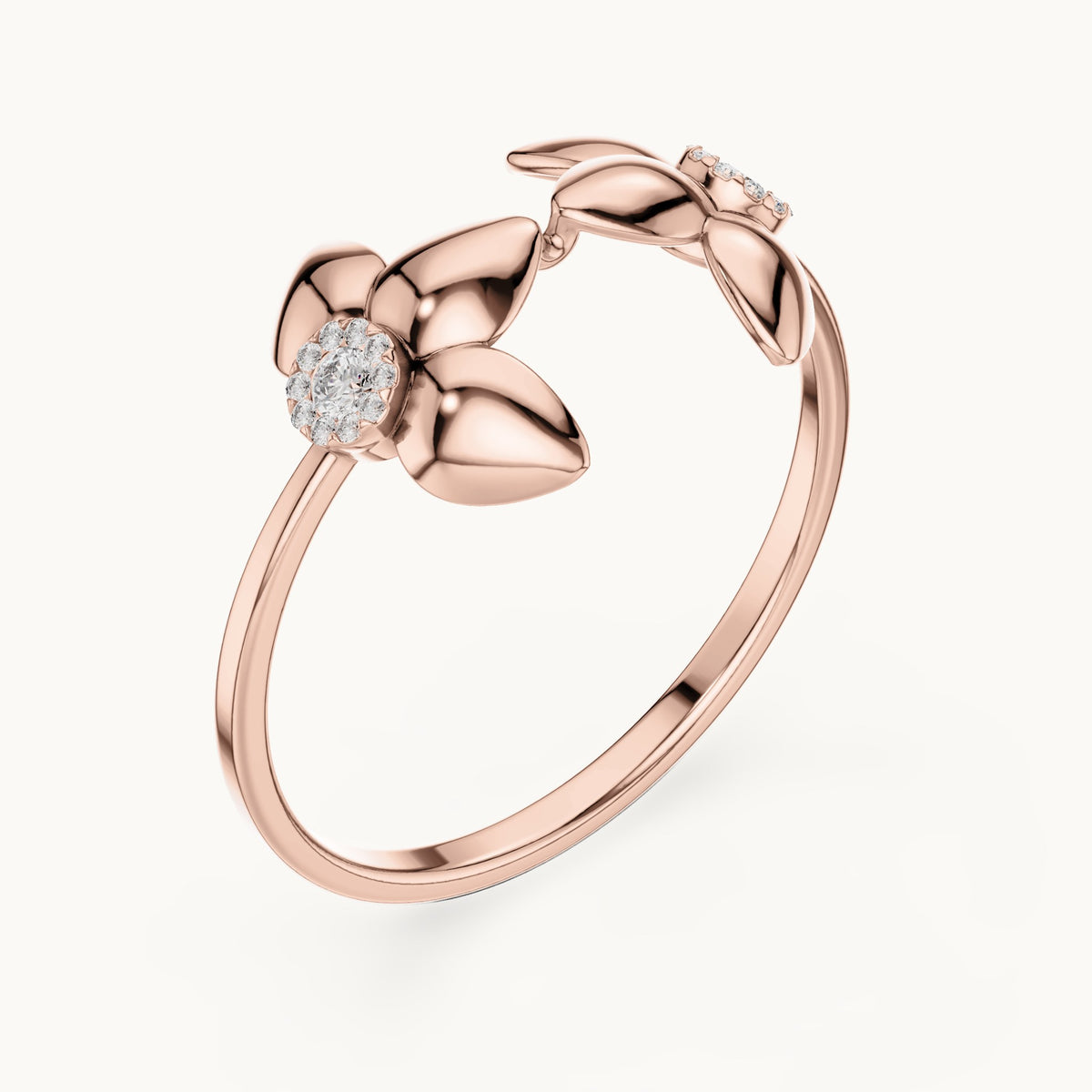 Round lab-grown diamond double flower open ring in rose gold, 0.066 CT TW, view 2