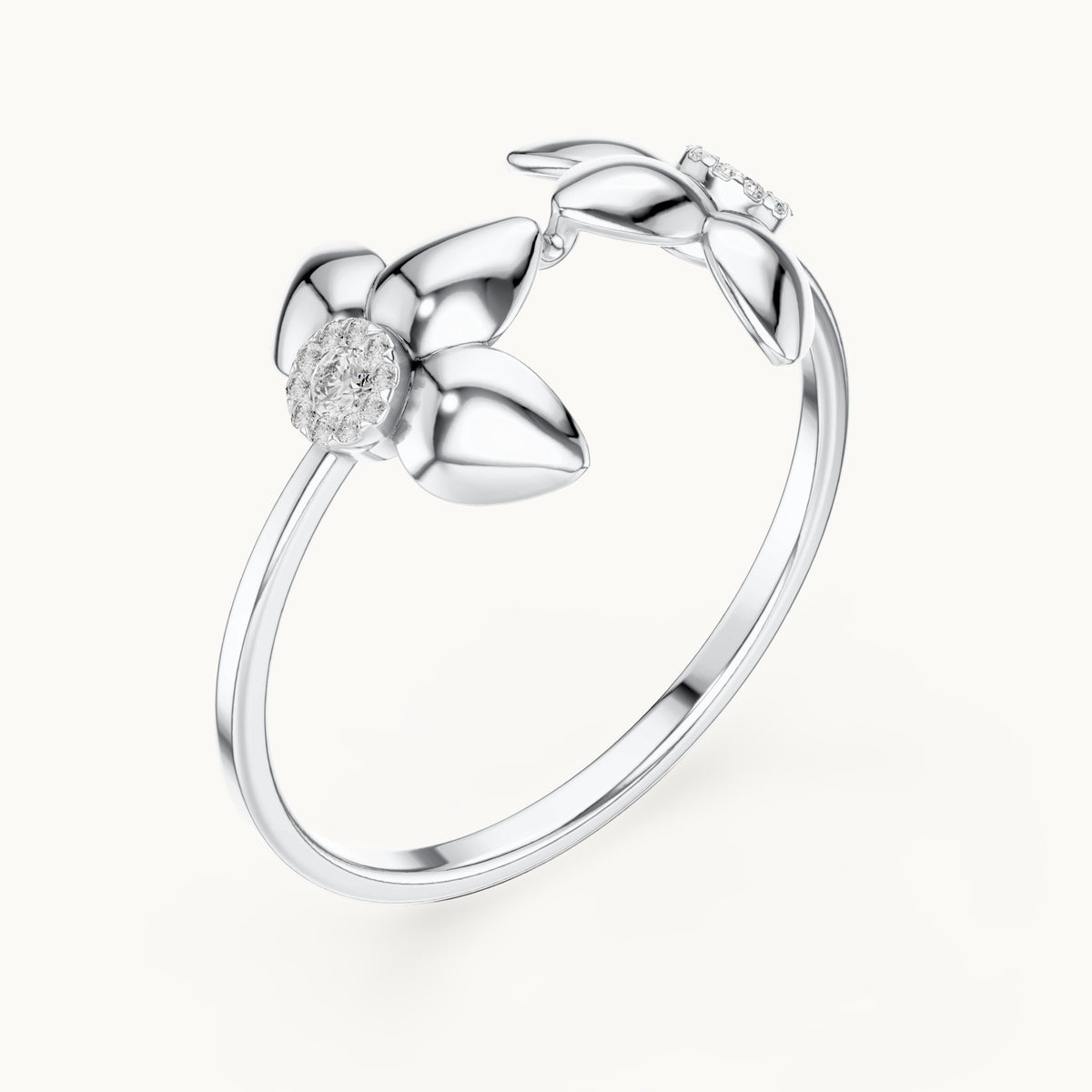 Round lab-grown diamond double flower open ring in white gold, 0.066 CT TW, view 2