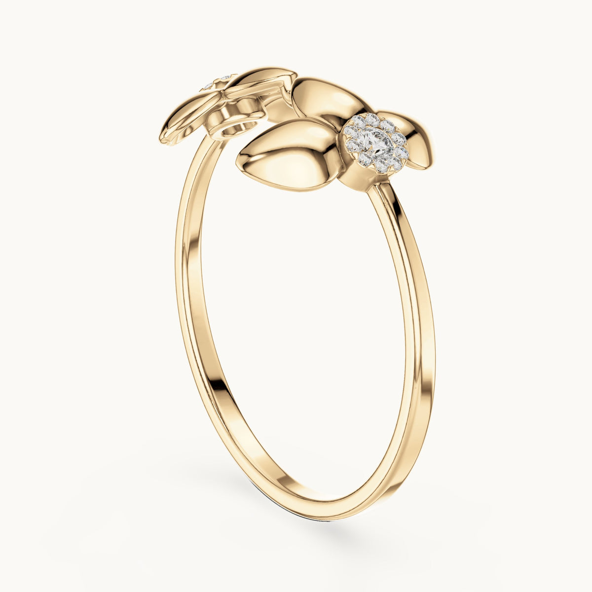 Round lab-grown diamond double flower open ring in yellow gold, 0.066 CT TW, view 1