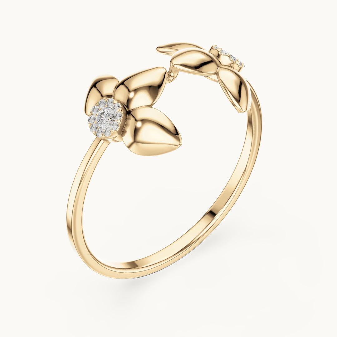 Round lab-grown diamond double flower open ring in yellow gold, 0.066 CT TW, view 2