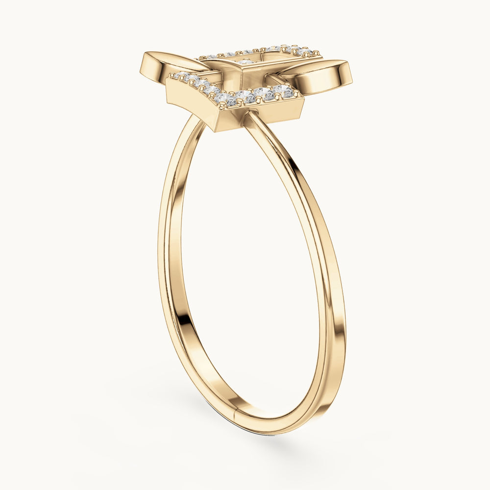 Round lab-grown diamond interlocking squares ring in yellow gold, 0.07 CT TW, view 1