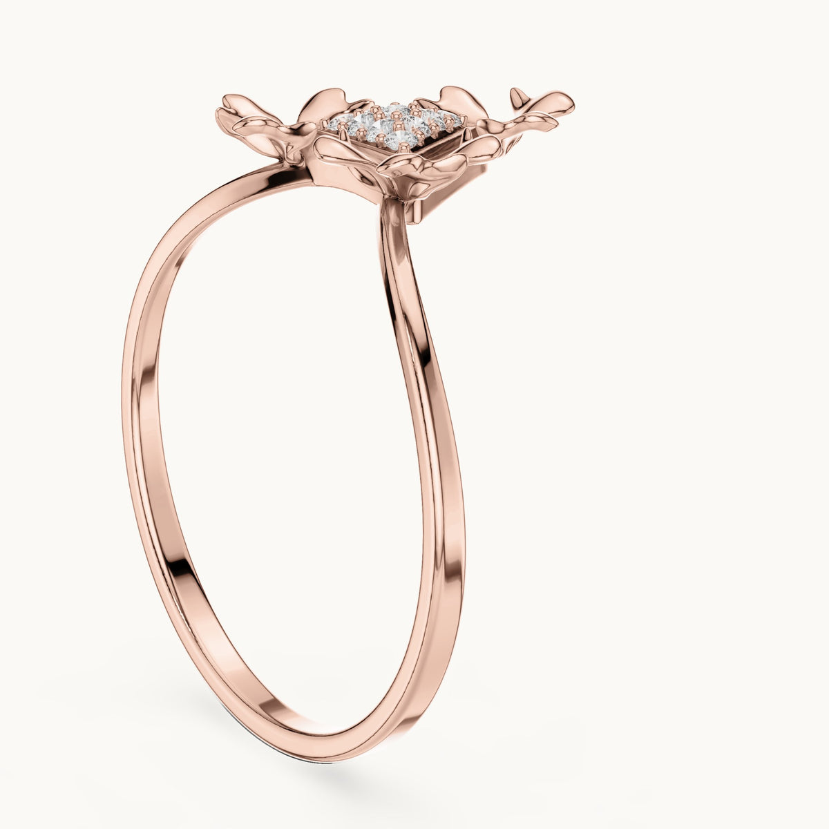 Round lab-grown diamond leaf motif triangle cluster ring in rose gold, 0.050 CT TW, view 1