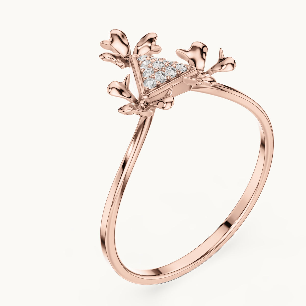Round lab-grown diamond leaf motif triangle cluster ring in rose gold, 0.050 CT TW, view 2