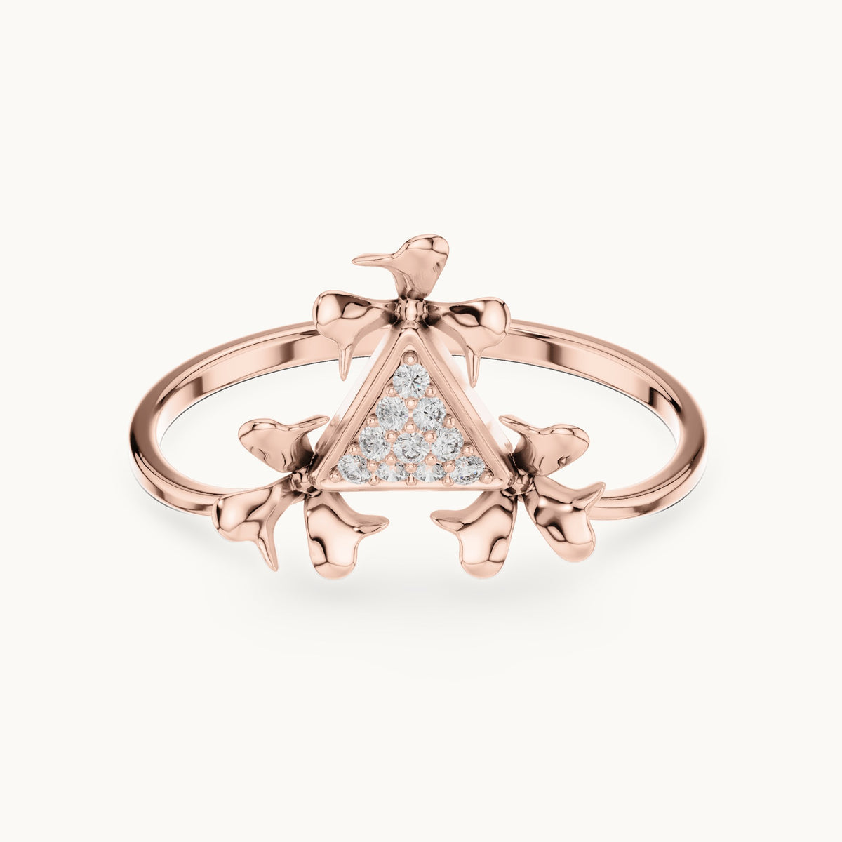 Round lab-grown diamond leaf motif triangle cluster ring in rose gold, 0.050 CT TW, view 4