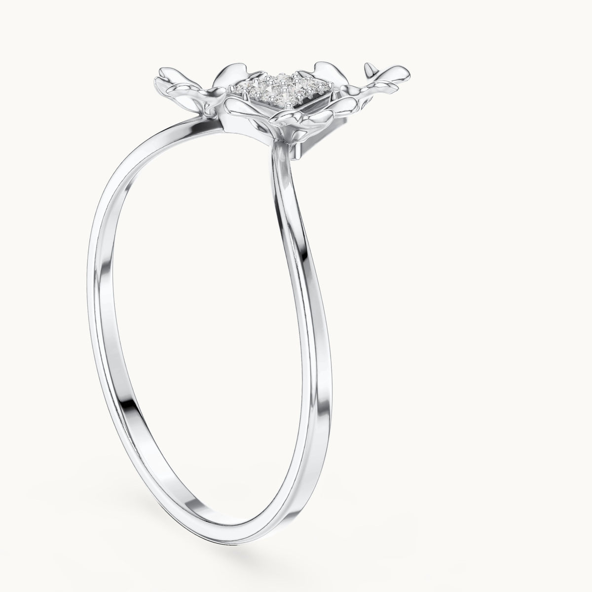 Round lab-grown diamond leaf motif triangle cluster ring in white gold, 0.050 CT TW, view 1