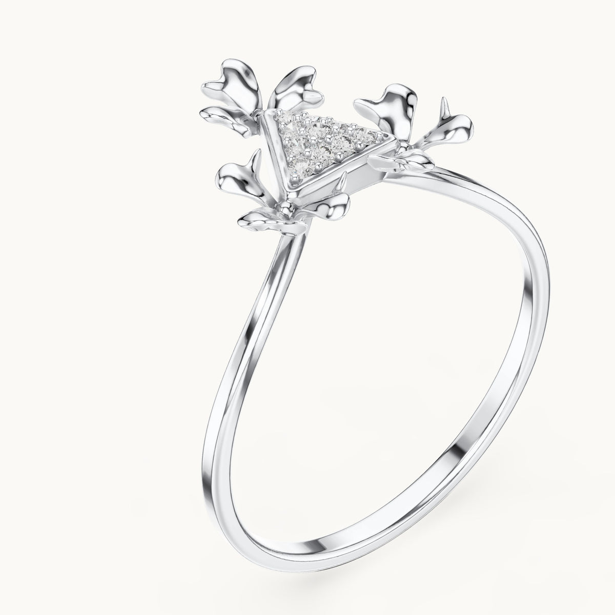 Round lab-grown diamond leaf motif triangle cluster ring in white gold, 0.050 CT TW, view 2