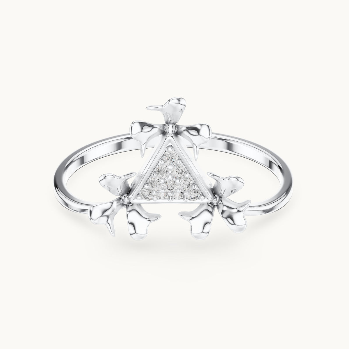 Round lab-grown diamond leaf motif triangle cluster ring in white gold, 0.050 CT TW, view 4
