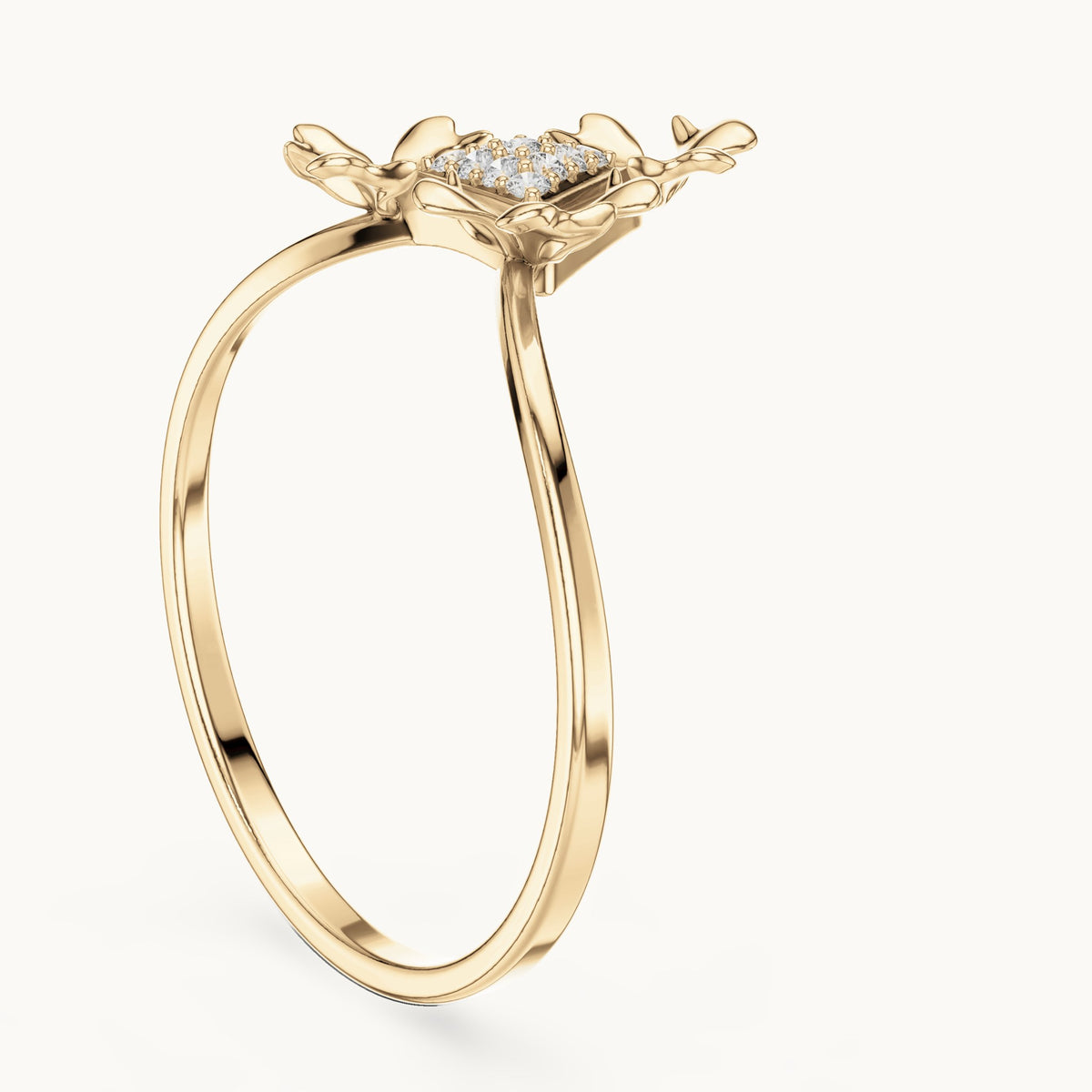 Round lab-grown diamond leaf motif triangle cluster ring in yellow gold, 0.050 CT TW, view 1