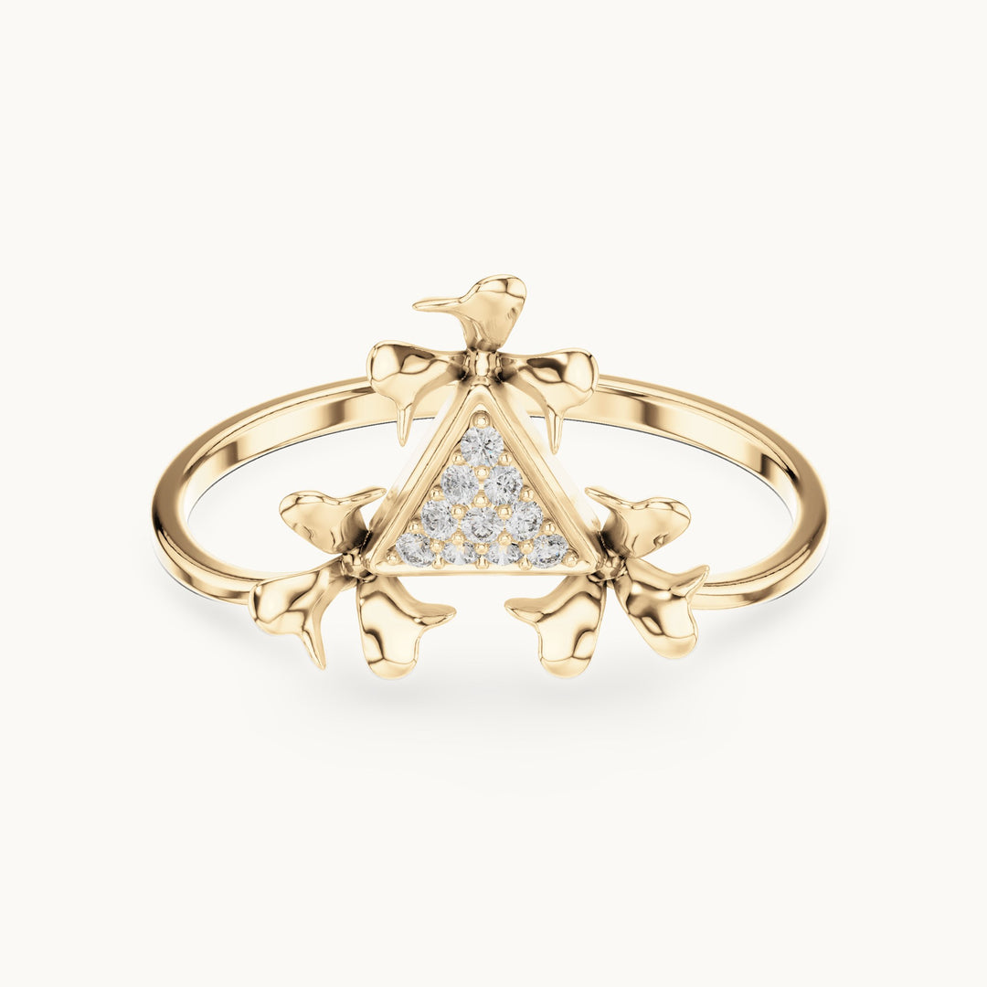 Round lab-grown diamond leaf motif triangle cluster ring in yellow gold, 0.050 CT TW, view 4