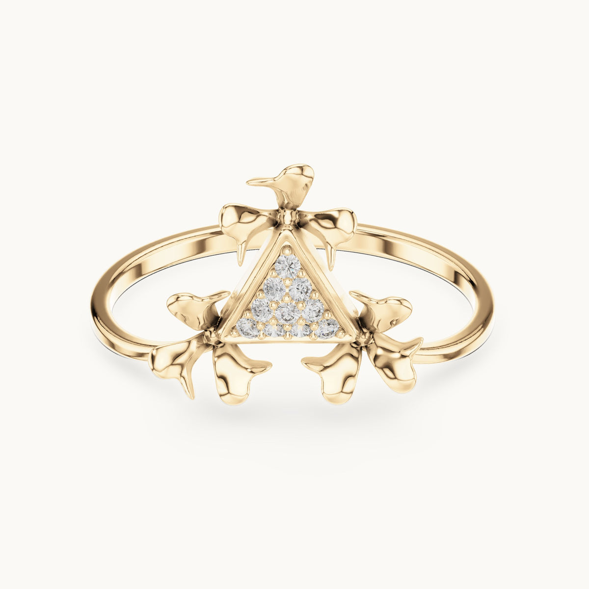 Round lab-grown diamond leaf motif triangle cluster ring in yellow gold, 0.050 CT TW, view 4