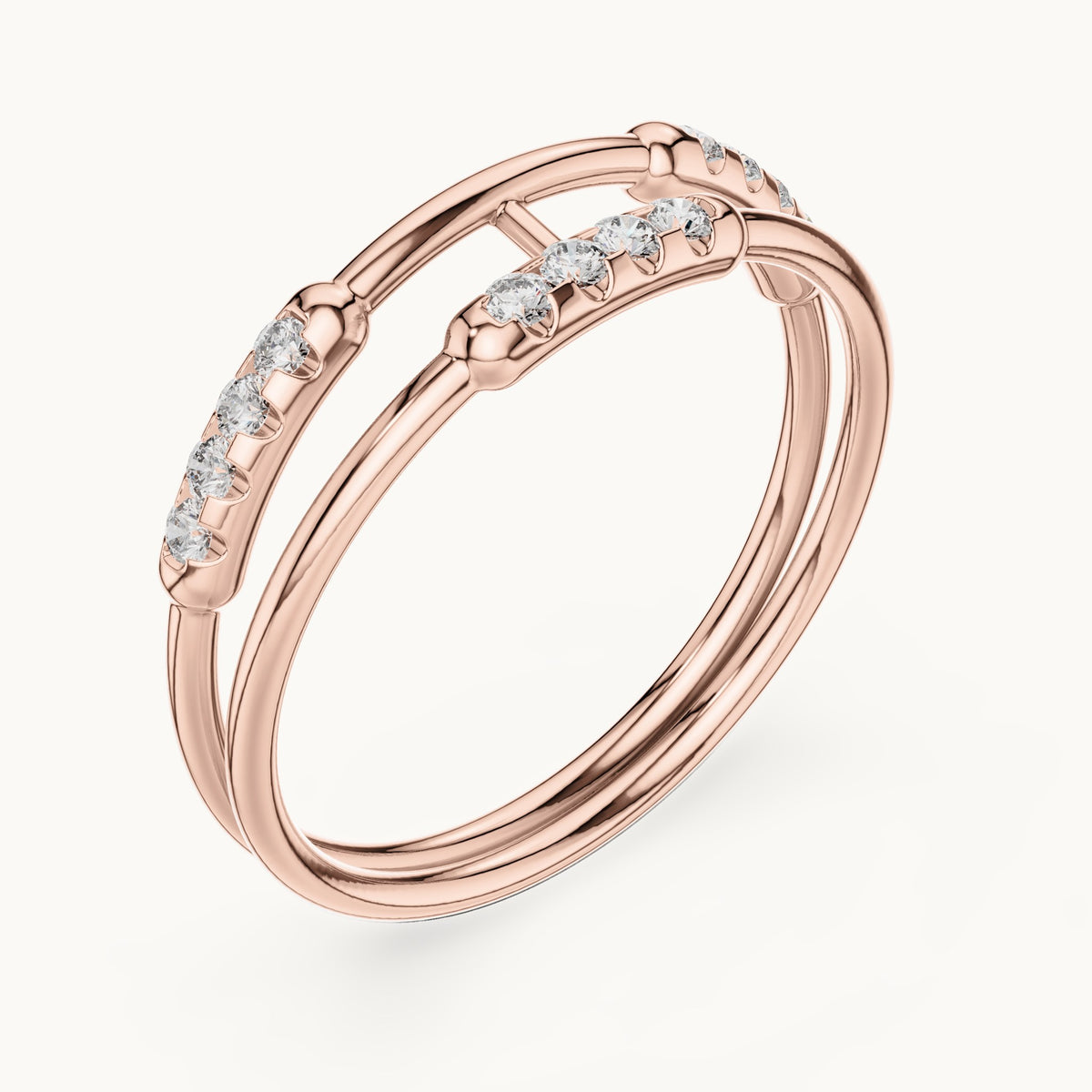 Round lab-grown diamond double band pave bar ring in rose gold, 0.144 CT TW, view 2