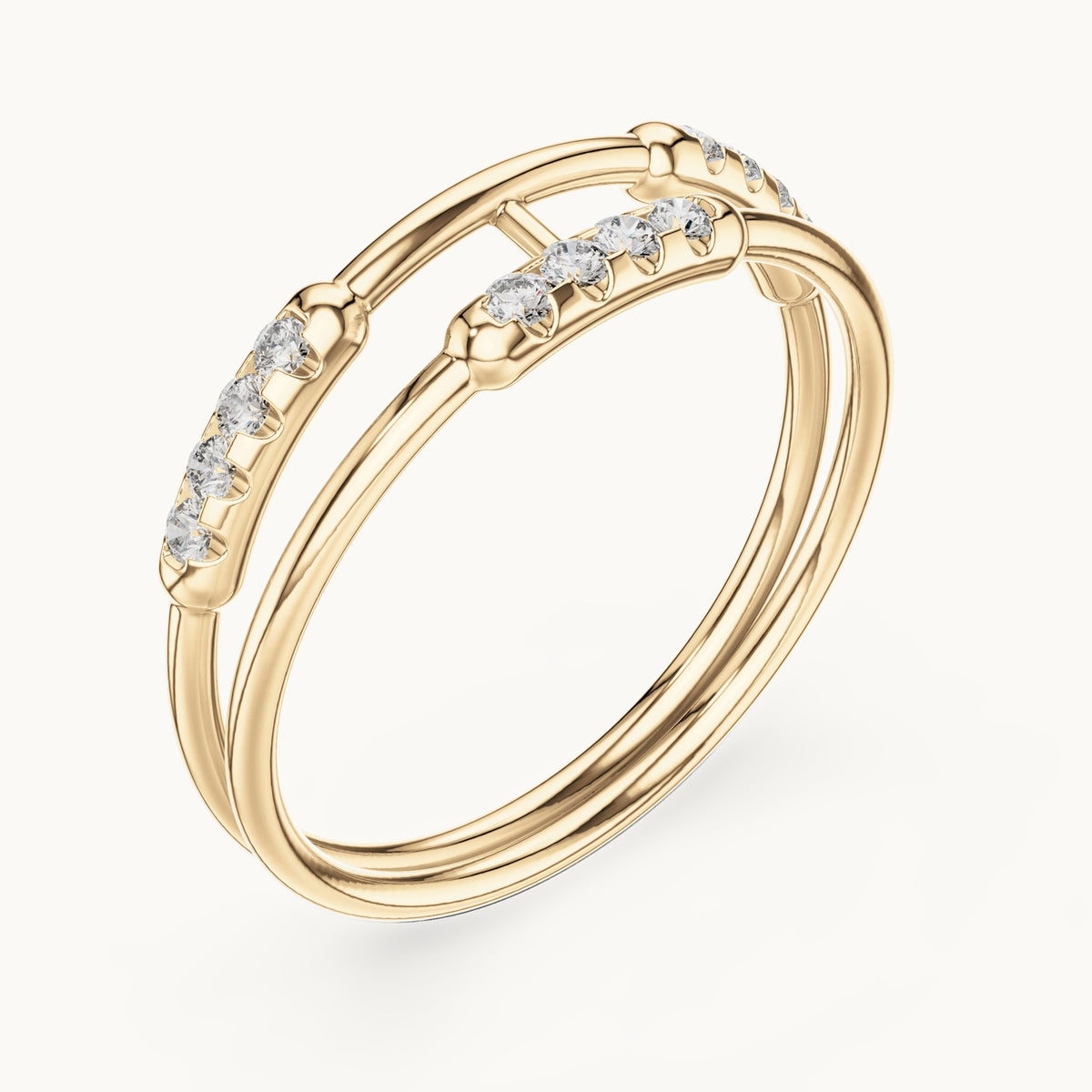 Round lab-grown diamond double band pave bar ring in yellow gold, 0.144 CT TW, view 2
