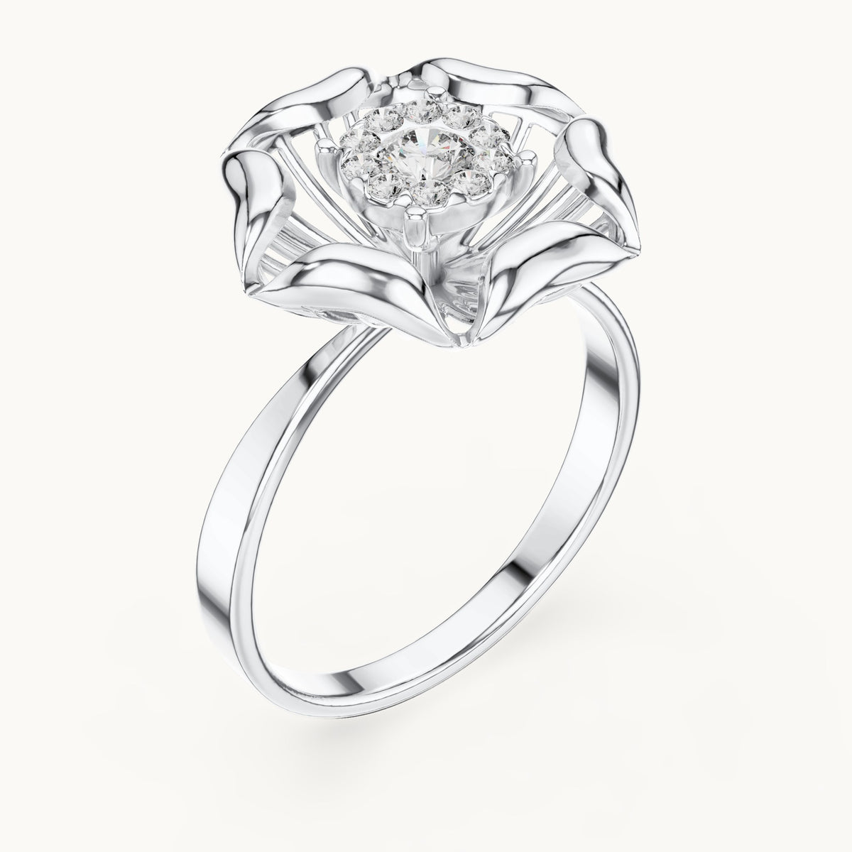 Round lab-grown diamond flower ring in white gold, 0.266 CT TW, view 2