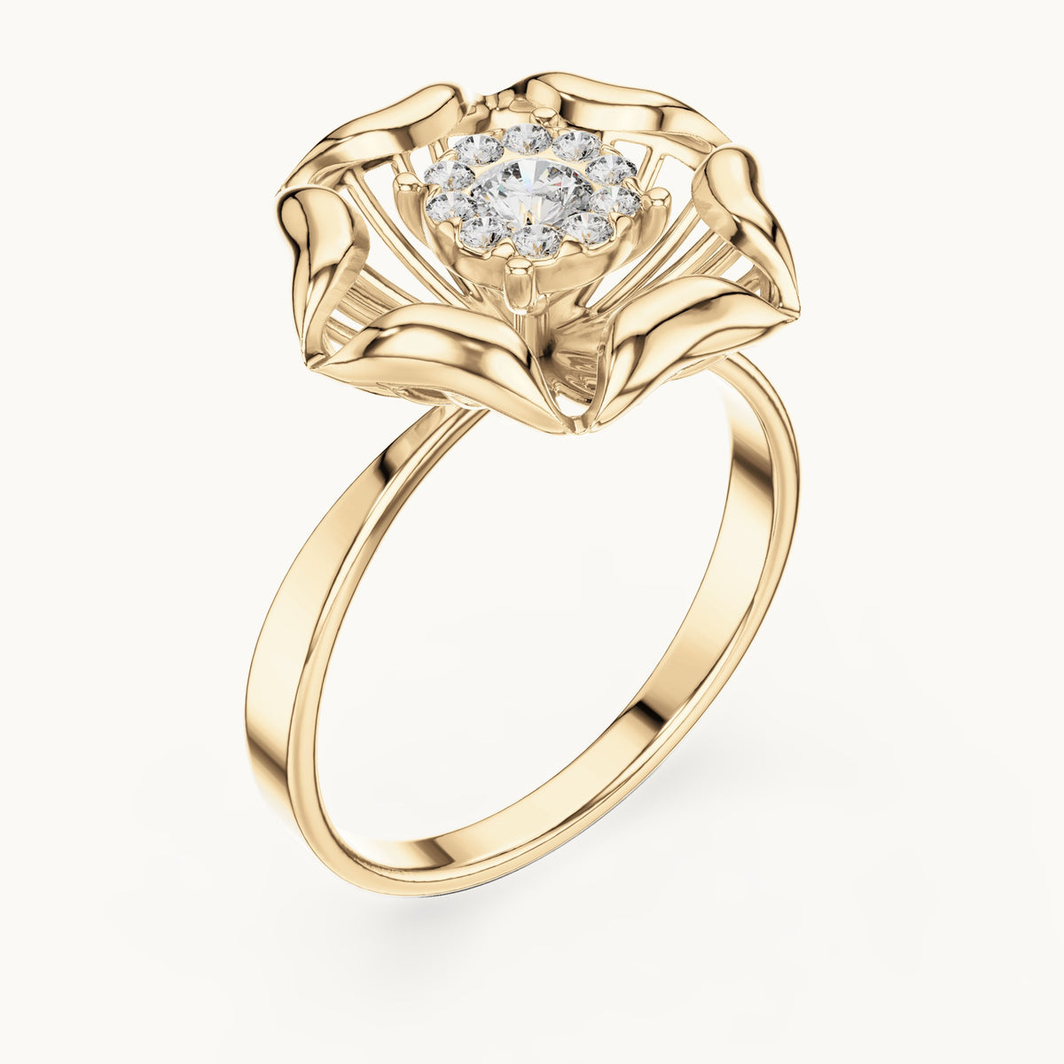 Round lab-grown diamond flower ring in yellow gold, 0.266 CT TW, view 2