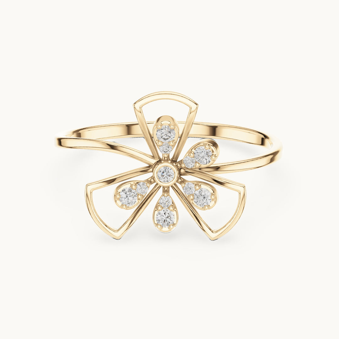 Round lab-grown diamond open flower frame ring in yellow gold, 0.085 CT TW, view 4