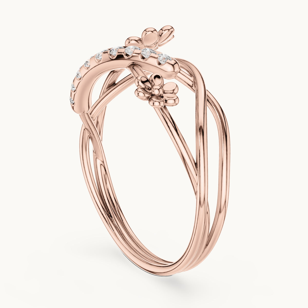 Round lab-grown diamond crossover flower pave ring in rose gold, 0.108 CT TW, view 1