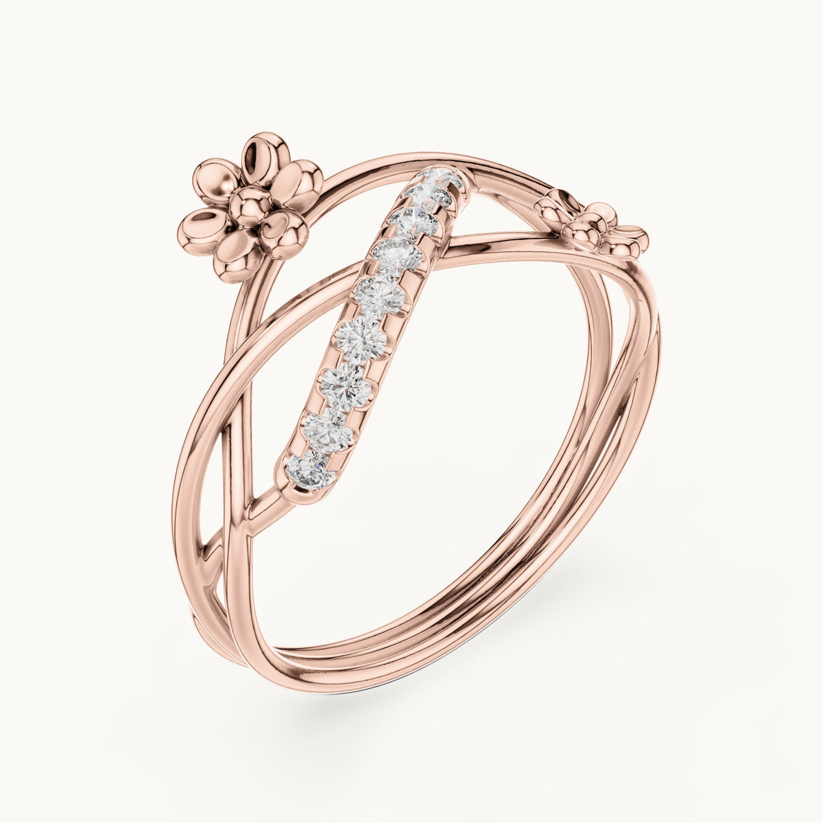 Round lab-grown diamond crossover flower pave ring in rose gold, 0.108 CT TW, view 2