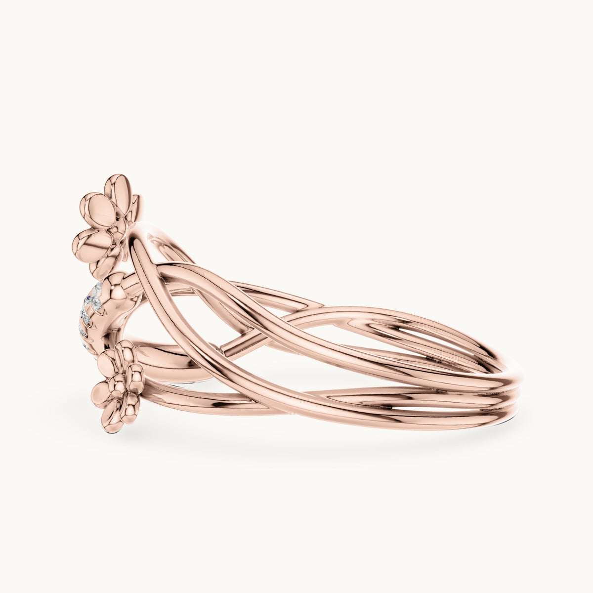 Round lab-grown diamond crossover flower pave ring in rose gold, 0.108 CT TW, view 3