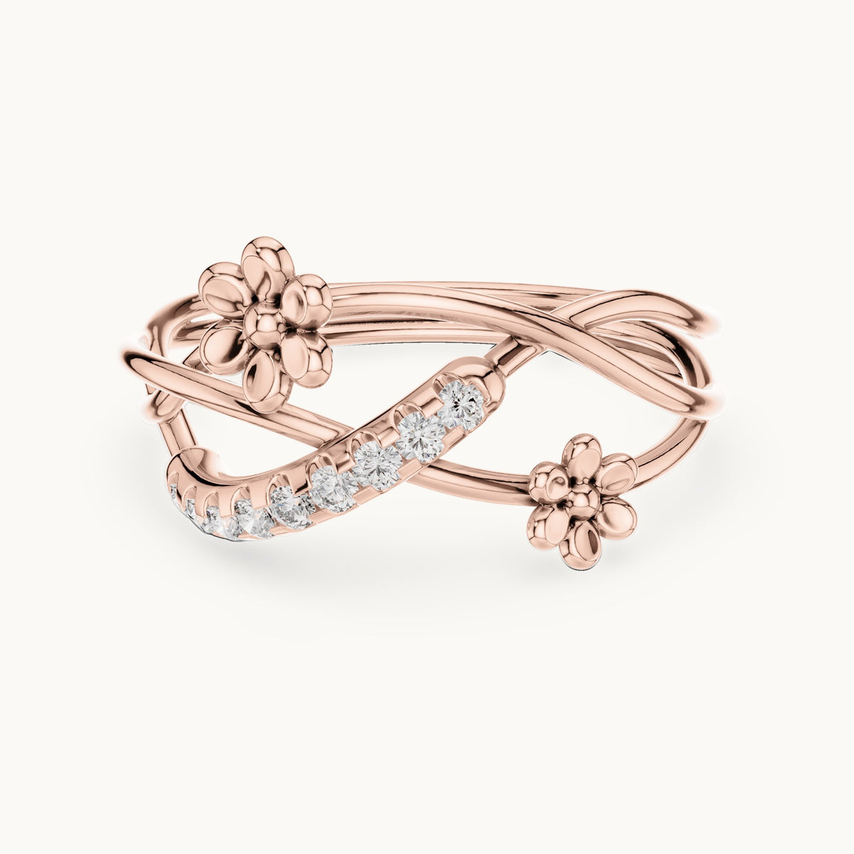 Round lab-grown diamond crossover flower pave ring in rose gold, 0.108 CT TW, view 4