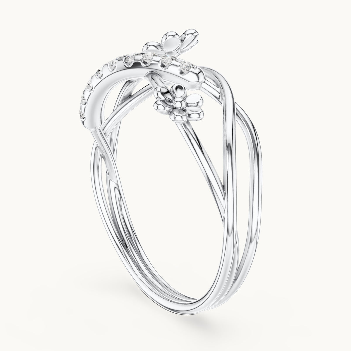 Round lab-grown diamond crossover flower pave ring in white gold, 0.108 CT TW, view 1
