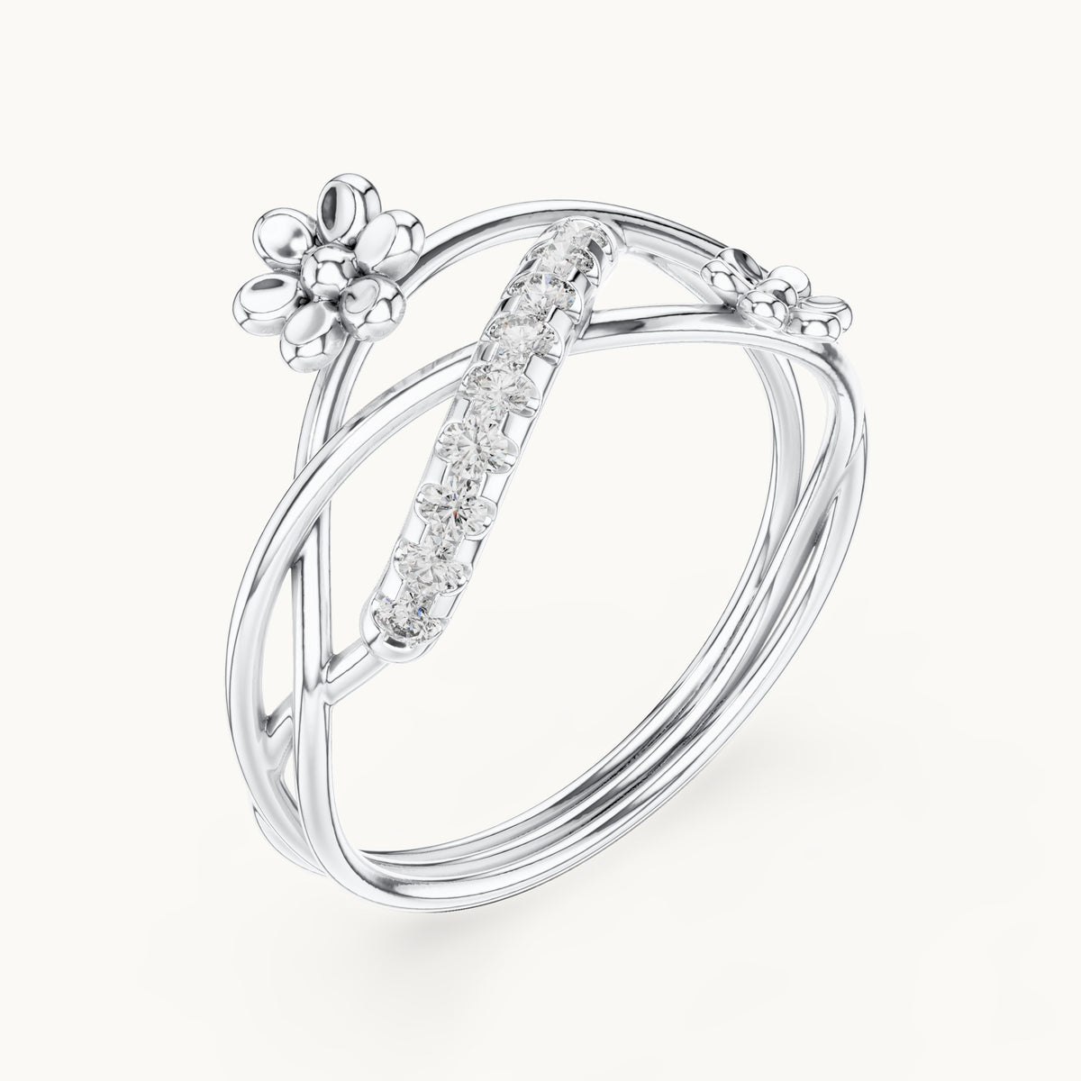Round lab-grown diamond crossover flower pave ring in white gold, 0.108 CT TW, view 2