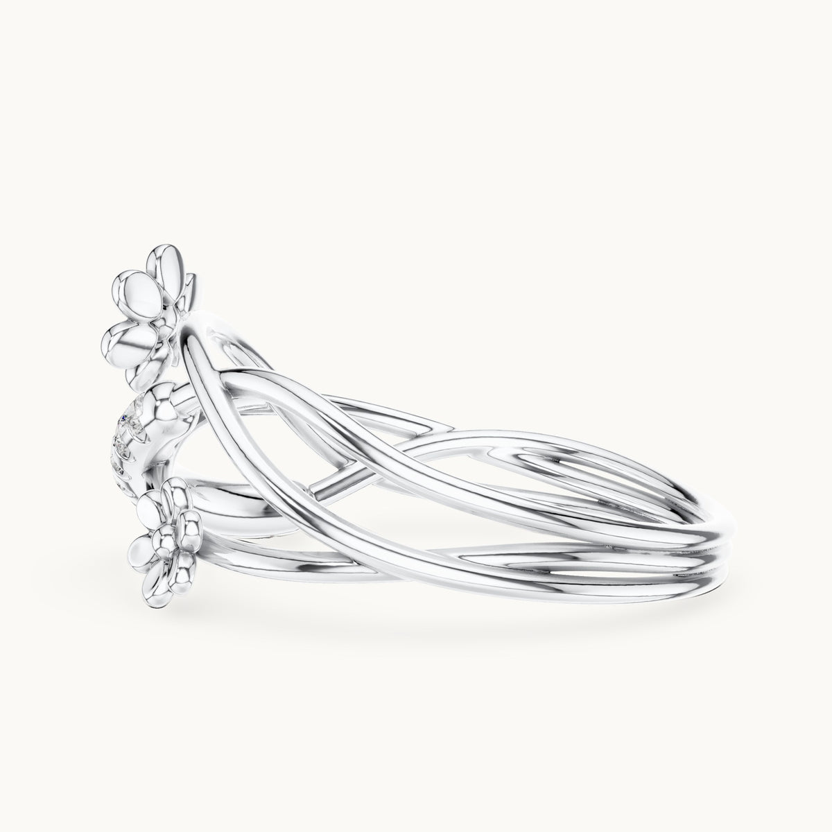 Round lab-grown diamond crossover flower pave ring in white gold, 0.108 CT TW, view 3