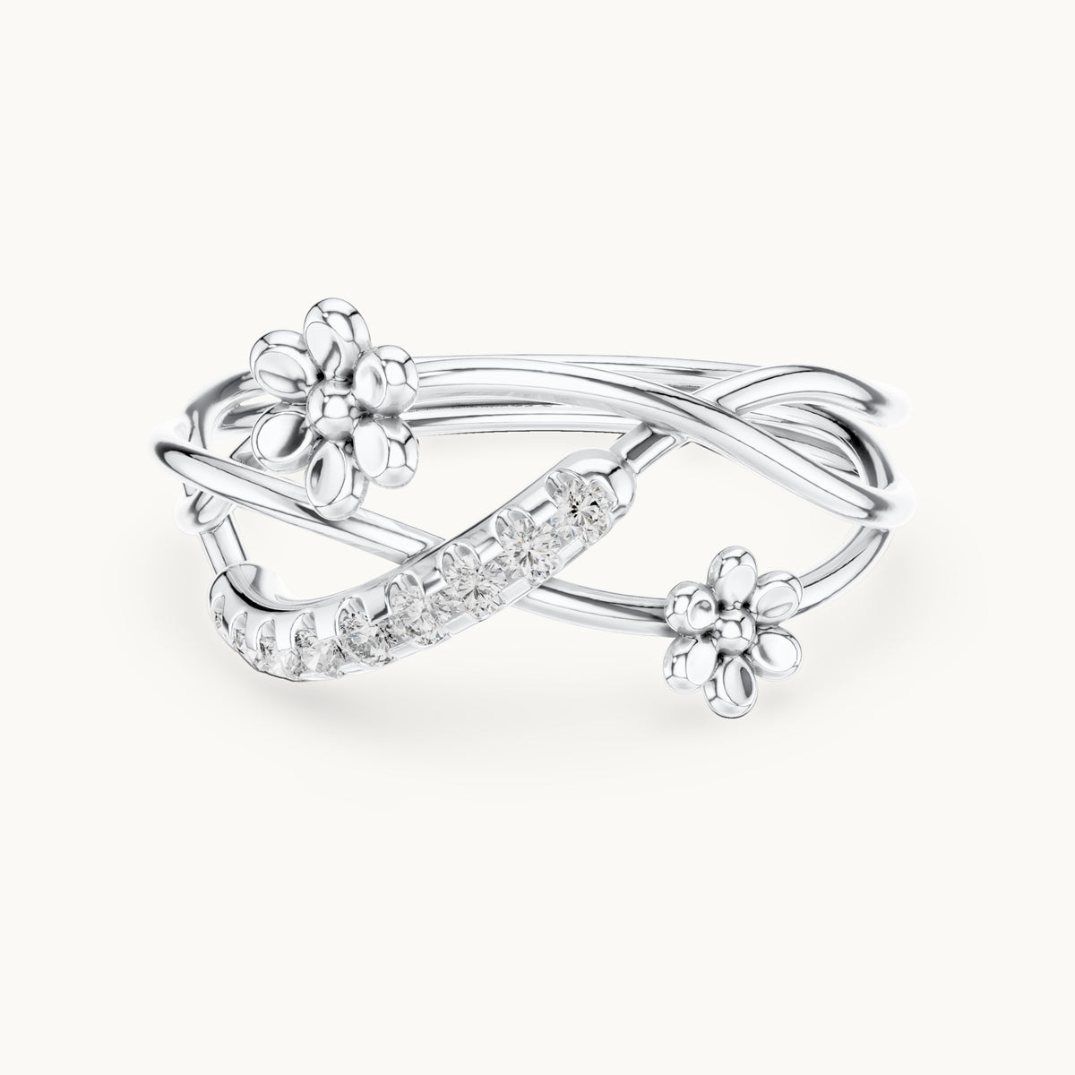 Round lab-grown diamond crossover flower pave ring in white gold, 0.108 CT TW, view 4