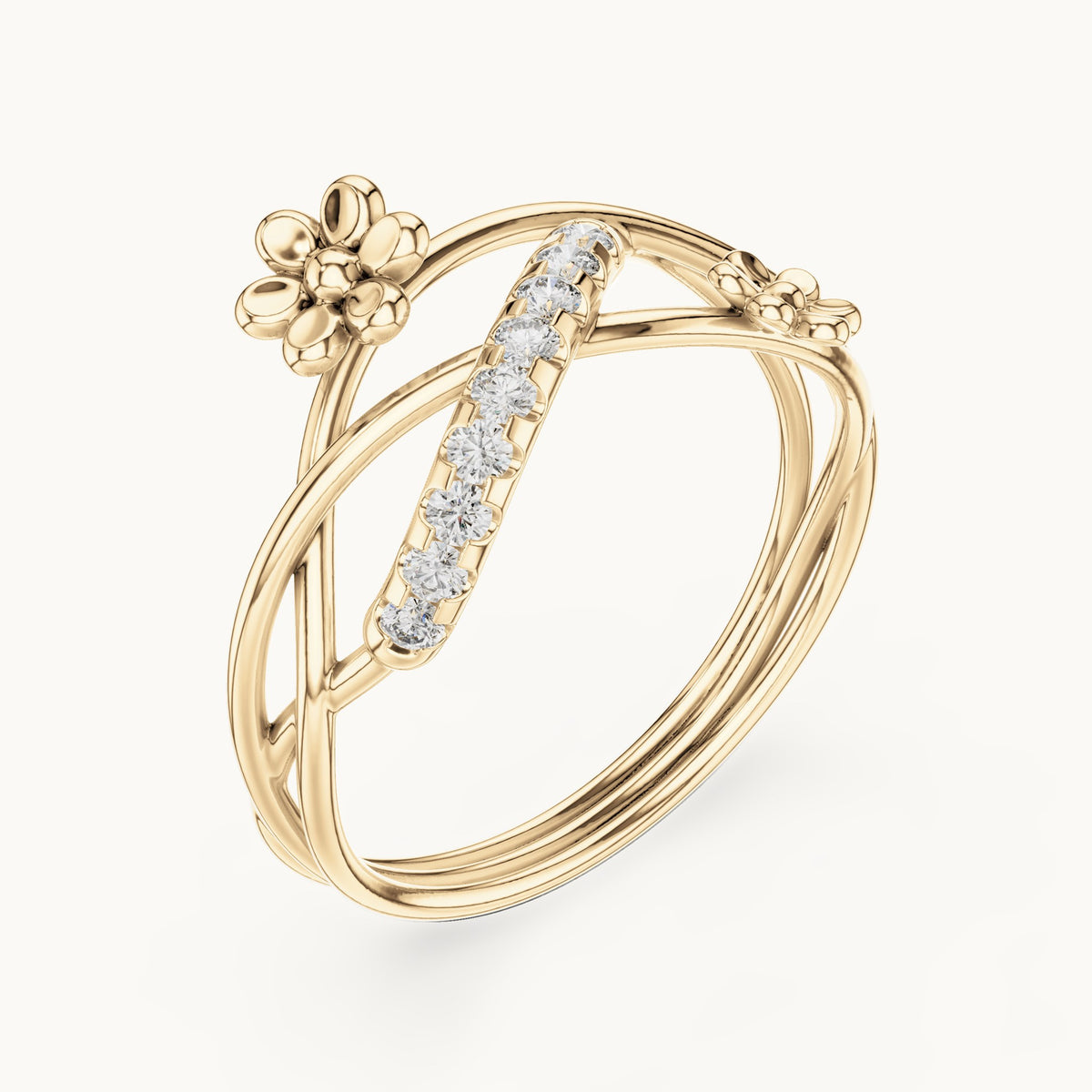 Round lab-grown diamond crossover flower pave ring in yellow gold, 0.108 CT TW, view 2