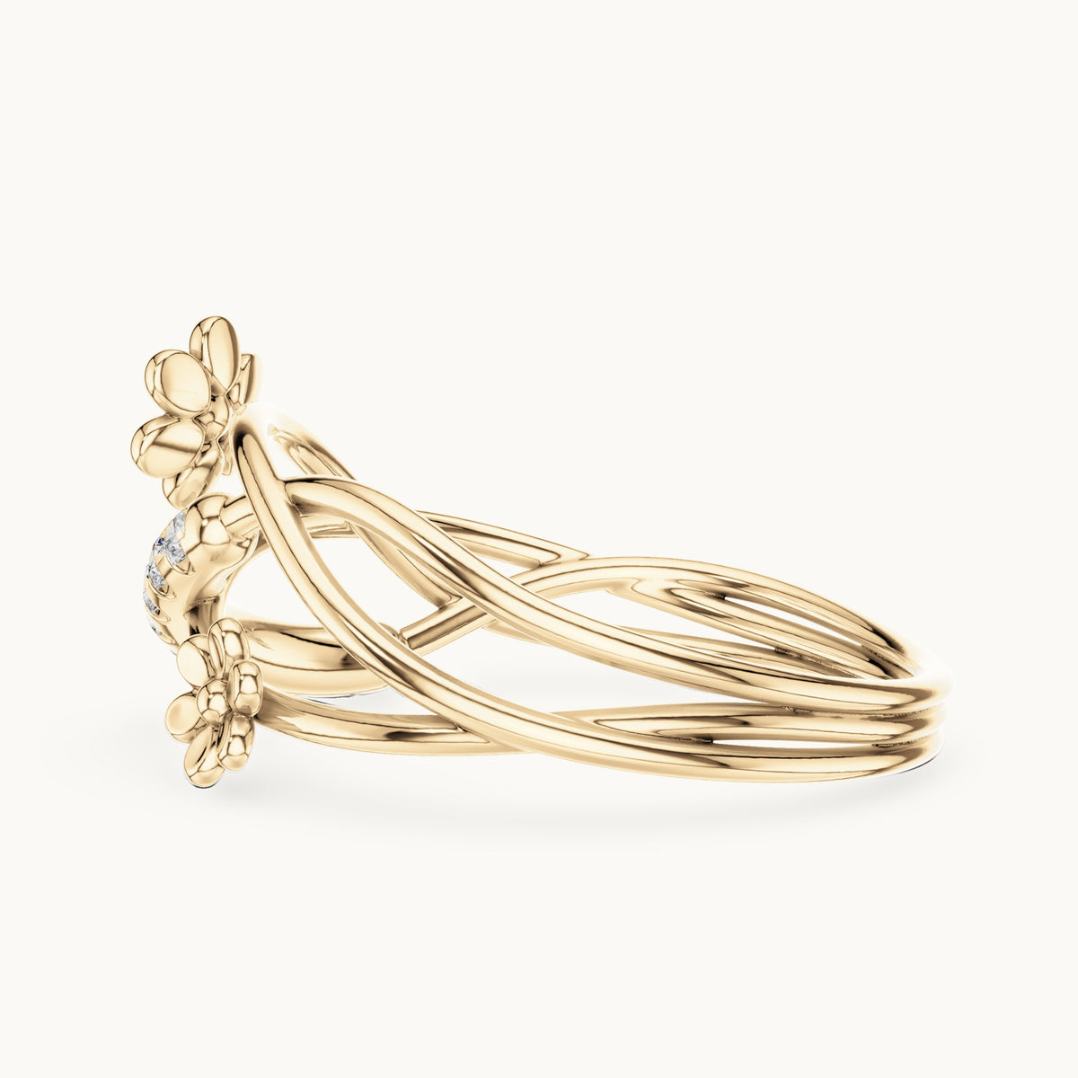 Round lab-grown diamond crossover flower pave ring in yellow gold, 0.108 CT TW, view 3