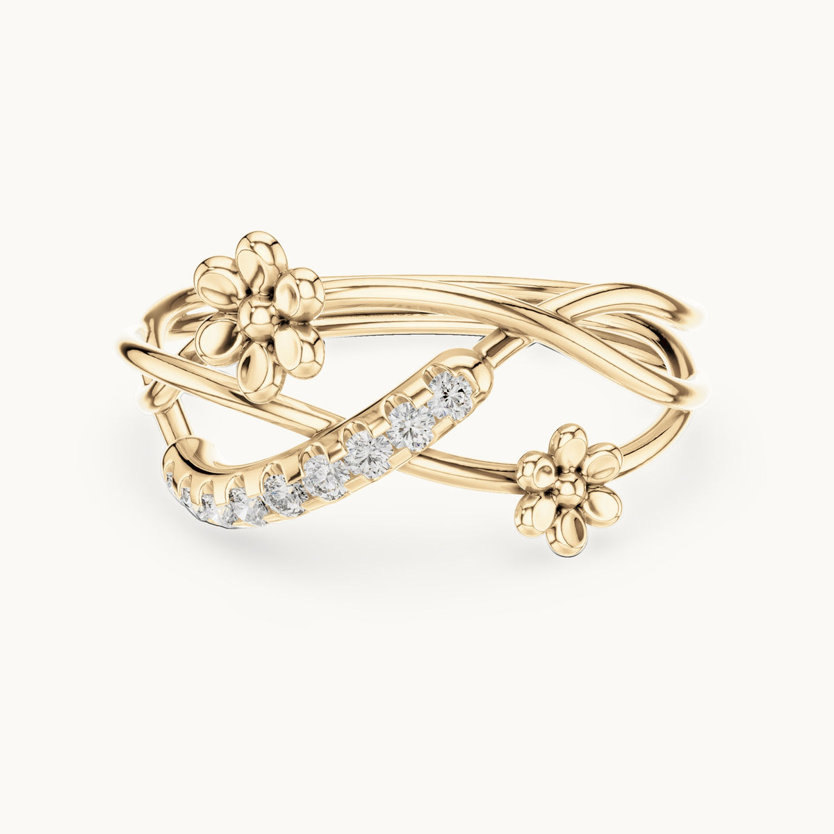 Round lab-grown diamond crossover flower pave ring in yellow gold, 0.108 CT TW, view 4
