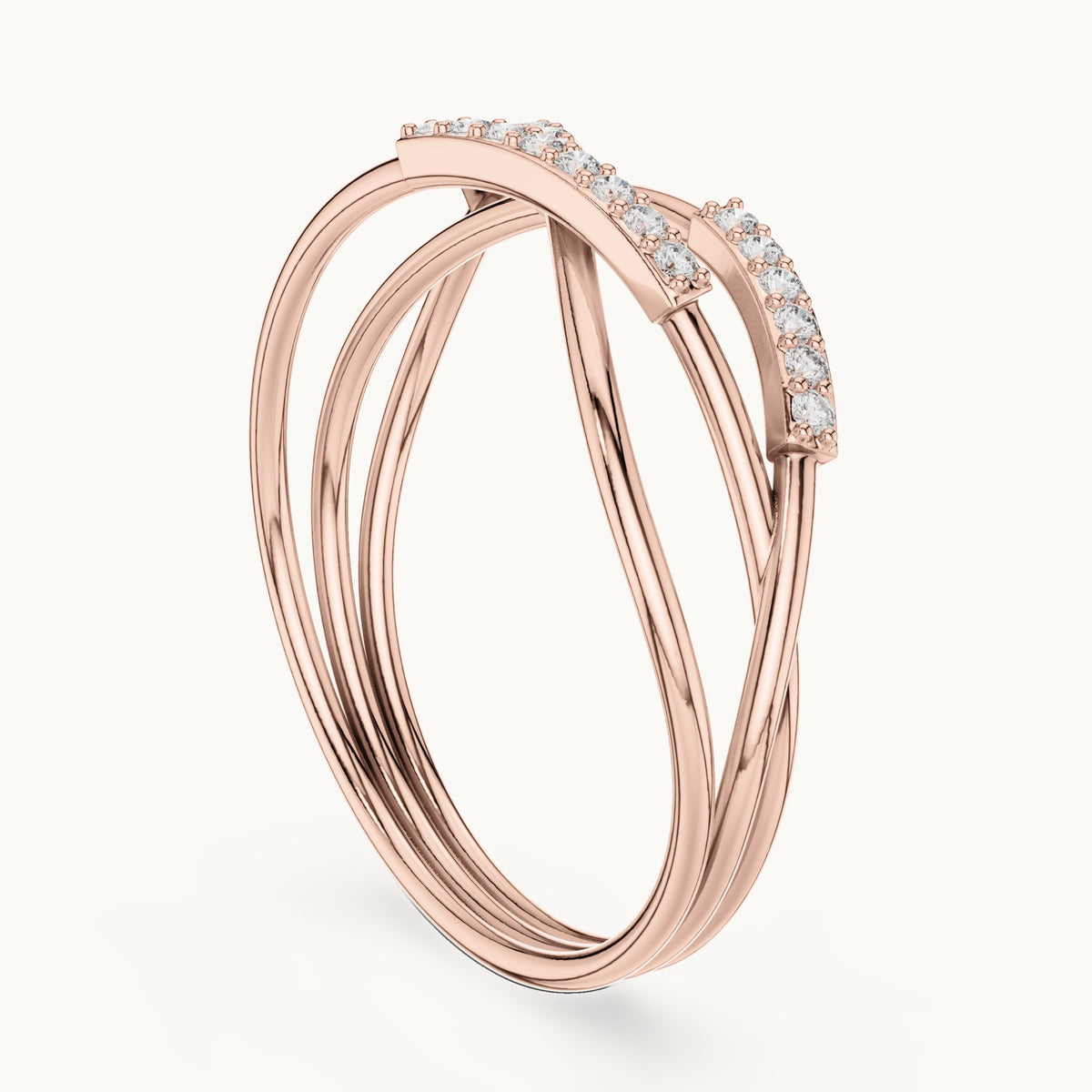 Round lab-grown diamond crossover pavé ring in rose gold, 0.10 CT TW, view 1