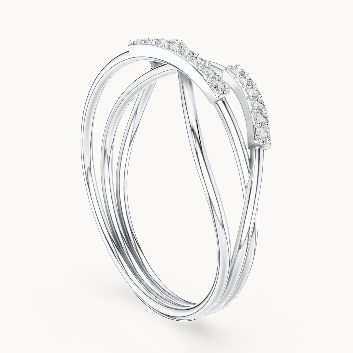 Round lab-grown diamond crossover pavé ring in white gold, 0.10 CT TW, view 1