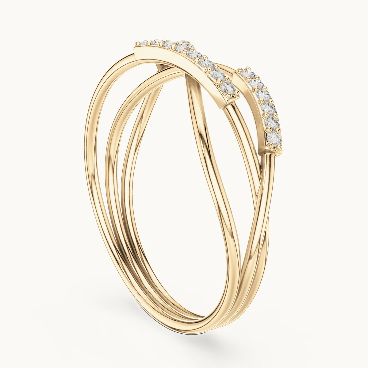 Round lab-grown diamond crossover pavé ring in yellow gold, 0.10 CT TW, view 1