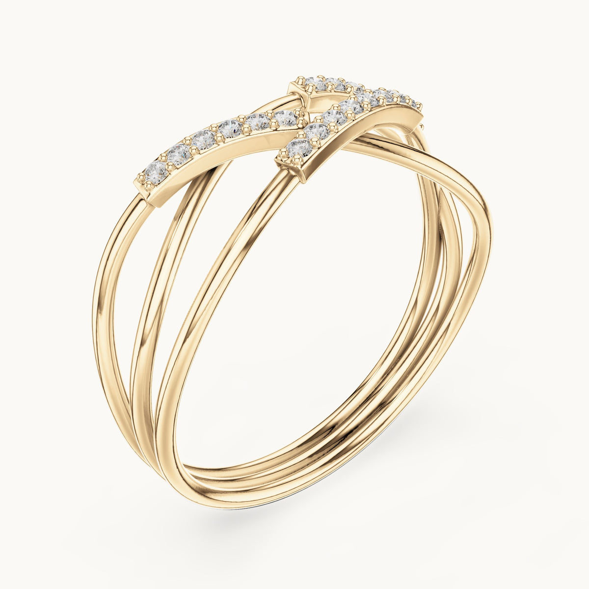 Round lab-grown diamond crossover pavé ring in yellow gold, 0.10 CT TW, view 2