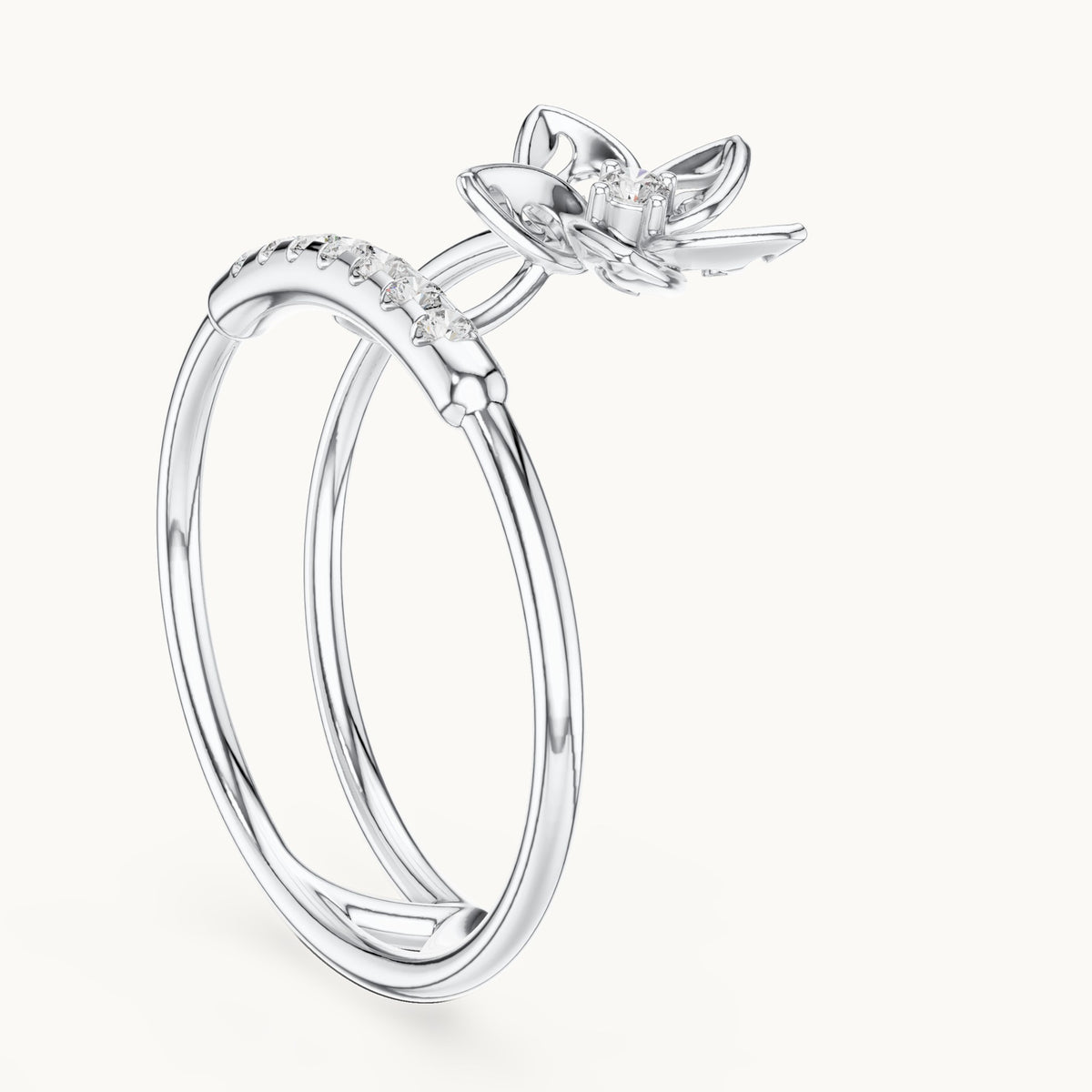 Round lab-grown diamond double band blossom ring in white gold, 0.104 CT TW, view 1