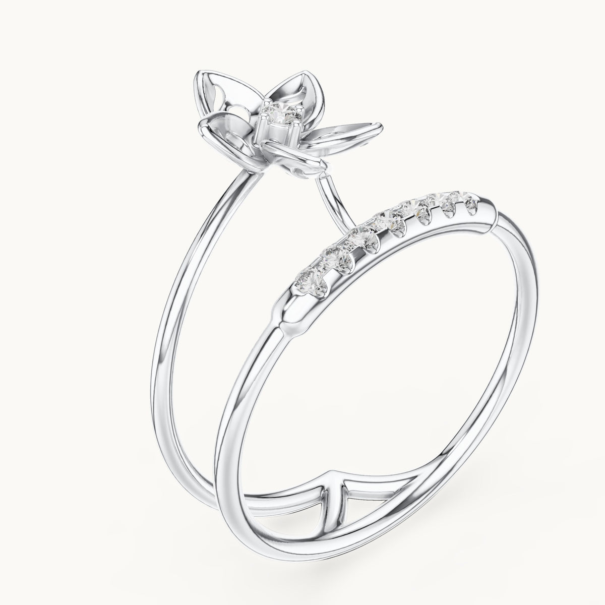 Round lab-grown diamond double band blossom ring in white gold, 0.104 CT TW, view 2
