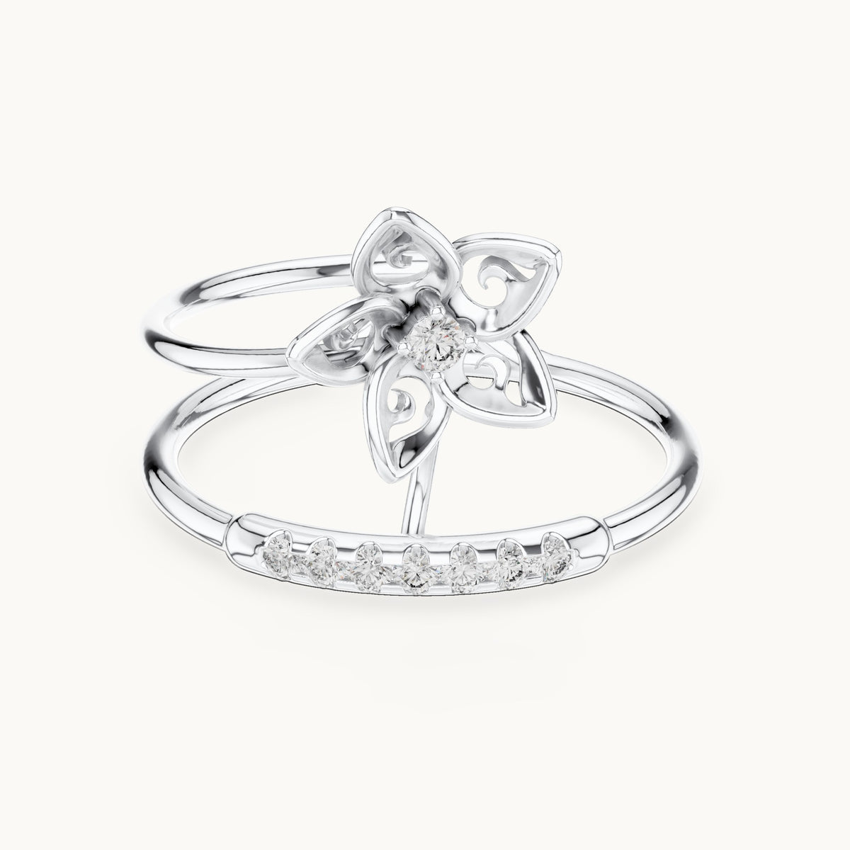 Round lab-grown diamond double band blossom ring in white gold, 0.104 CT TW, view 4