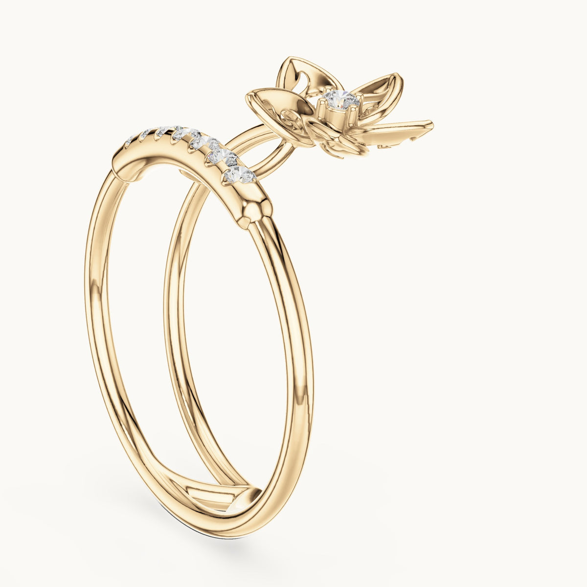 Round lab-grown diamond double band blossom ring in yellow gold, 0.104 CT TW, view 1