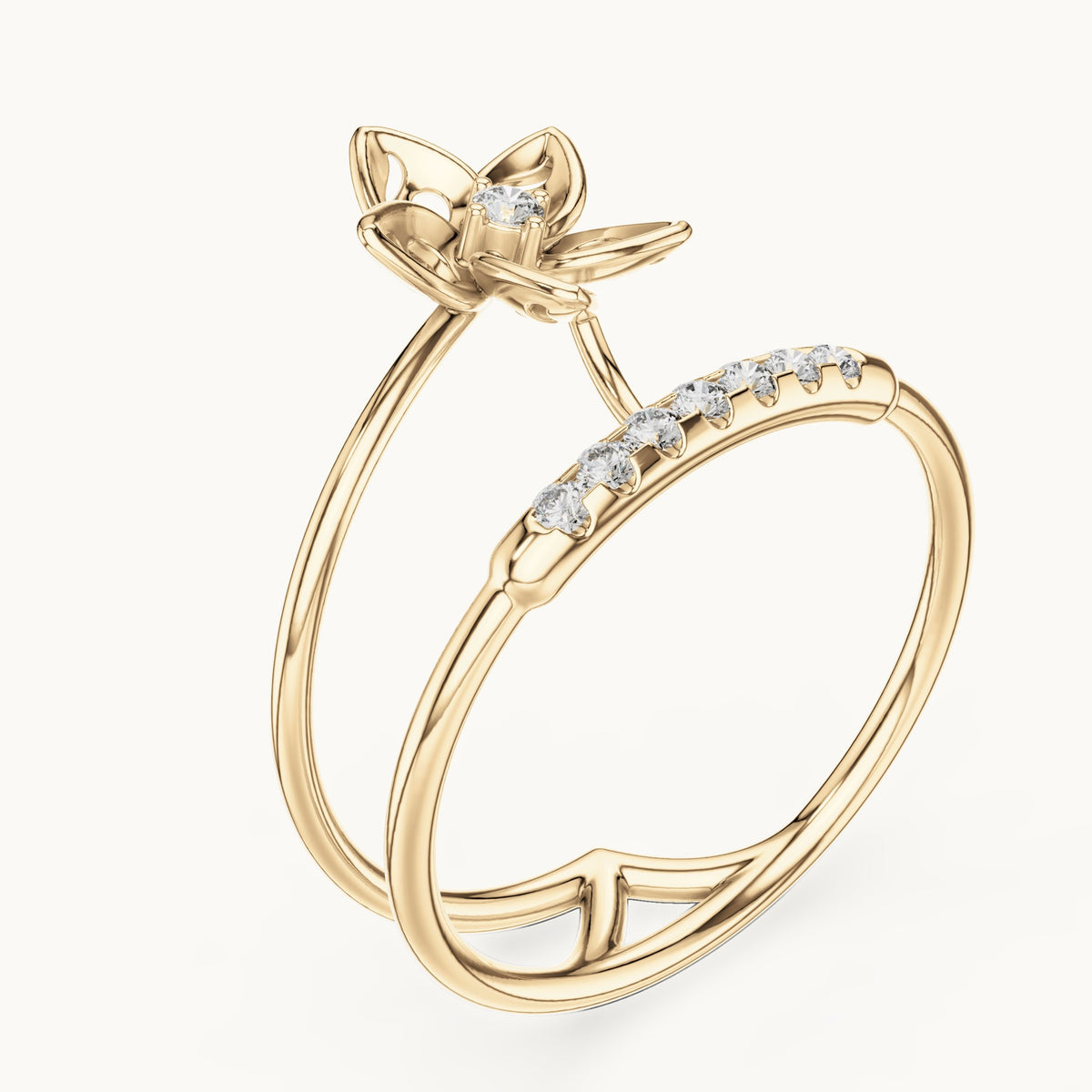 Round lab-grown diamond double band blossom ring in yellow gold, 0.104 CT TW, view 2