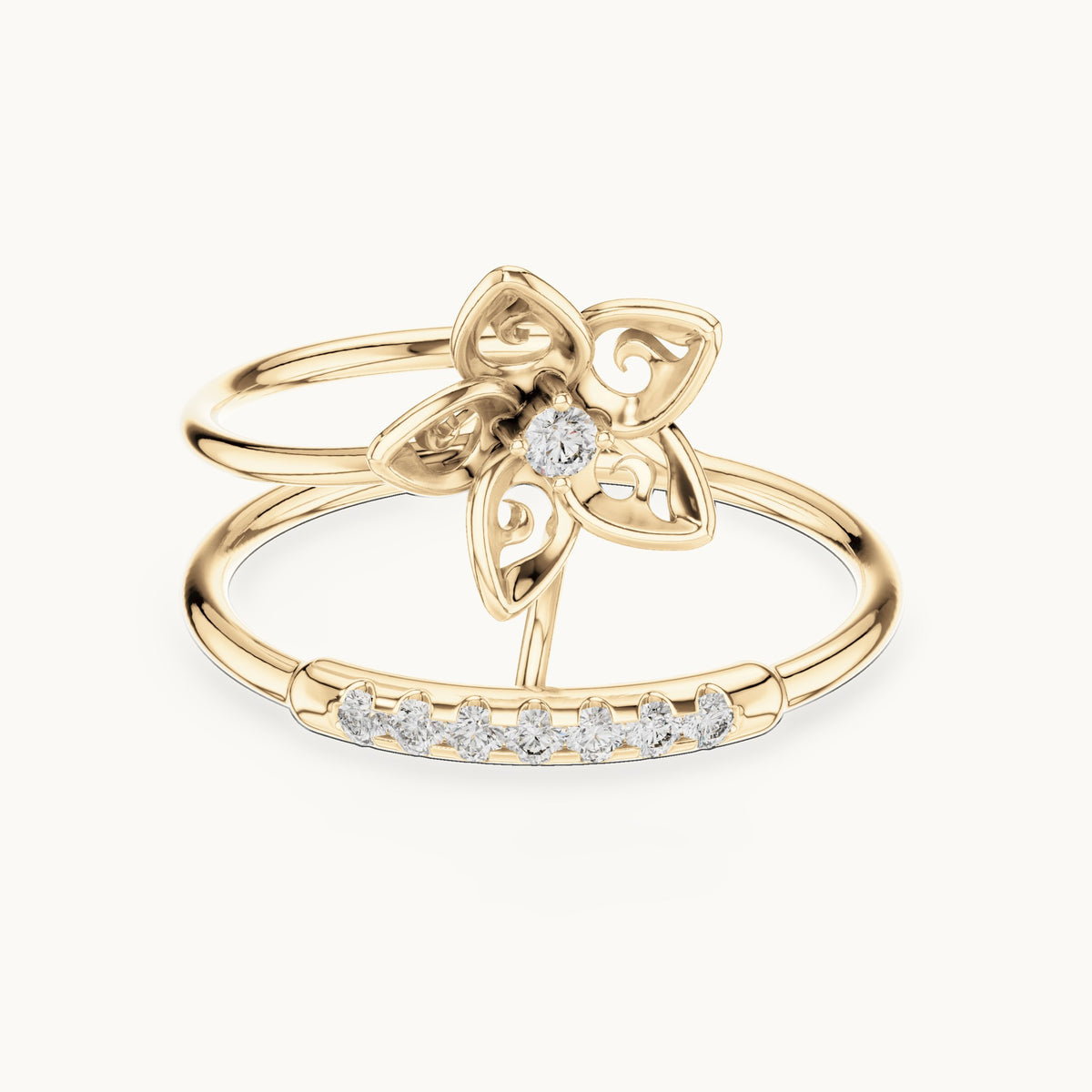 Round lab-grown diamond double band blossom ring in yellow gold, 0.104 CT TW, view 4