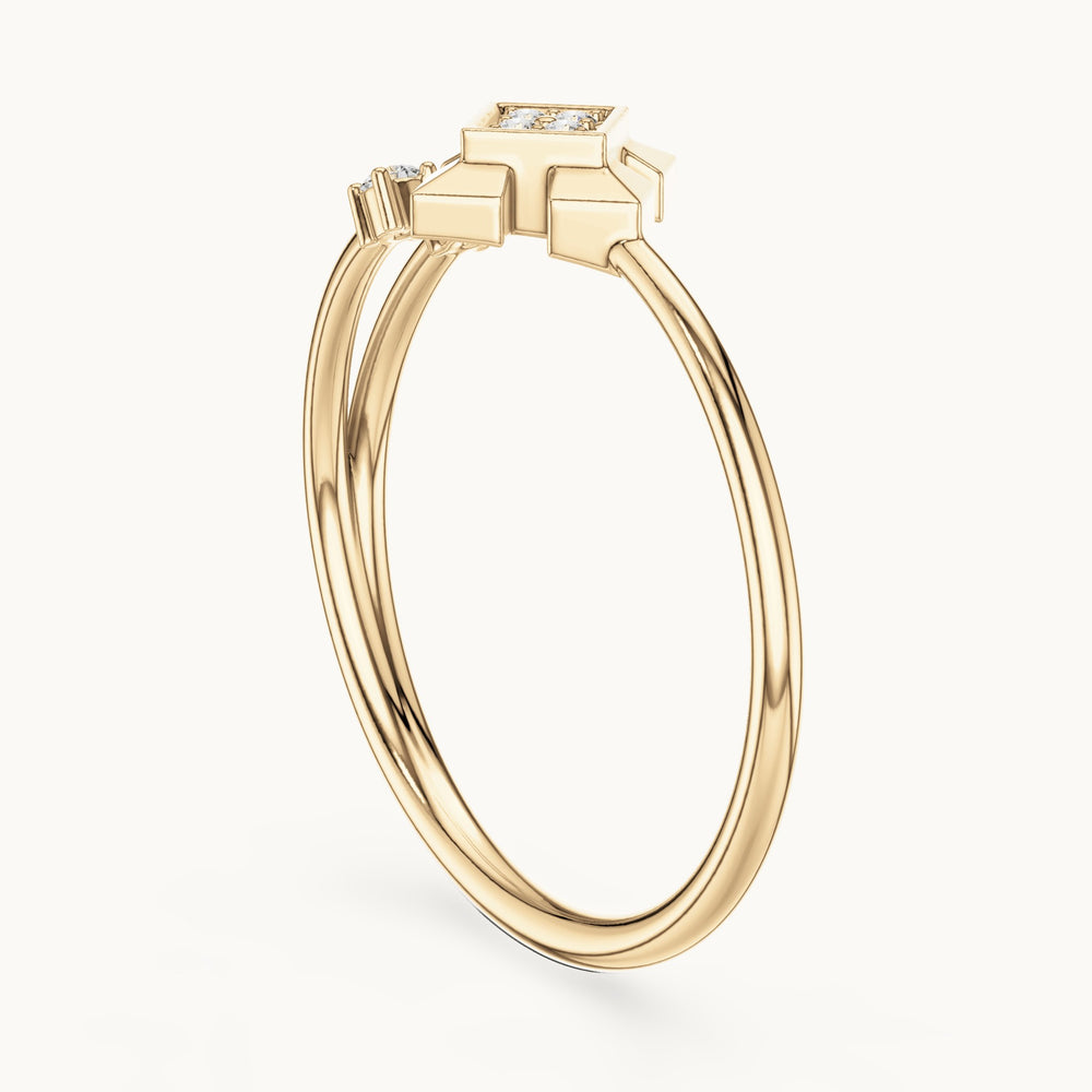 Round lab-grown diamond geometric star frame ring in yellow gold, 0.05 CT TW, view 1