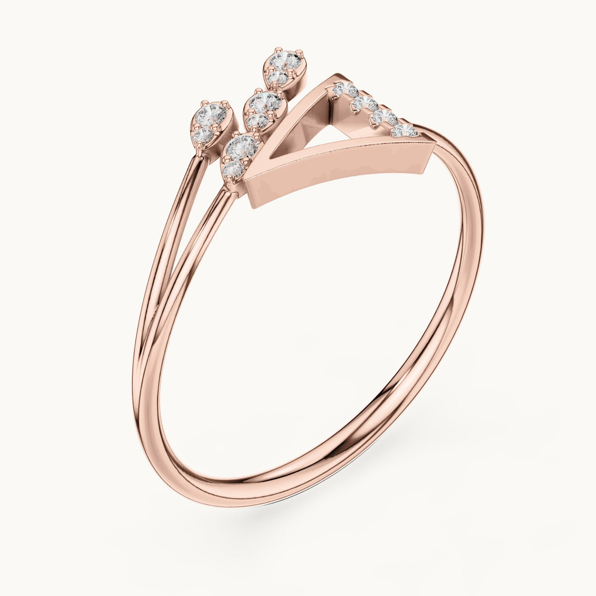 Round lab-grown diamond chevron leaf ring in rose gold, 0.076 CT TW, view 2