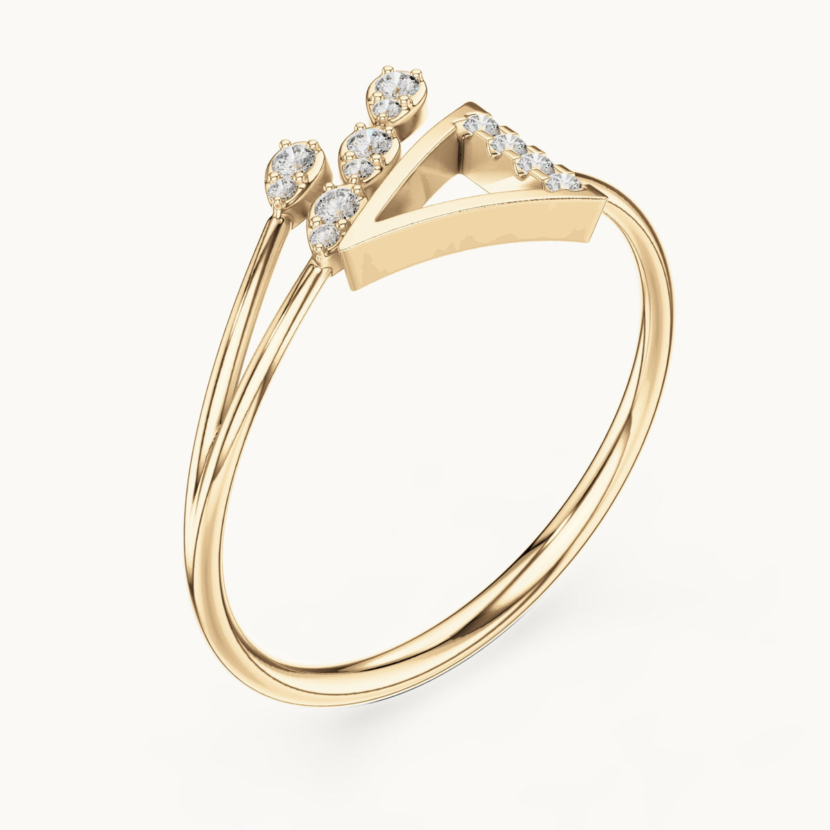 Round lab-grown diamond chevron leaf ring in yellow gold, 0.076 CT TW, view 2