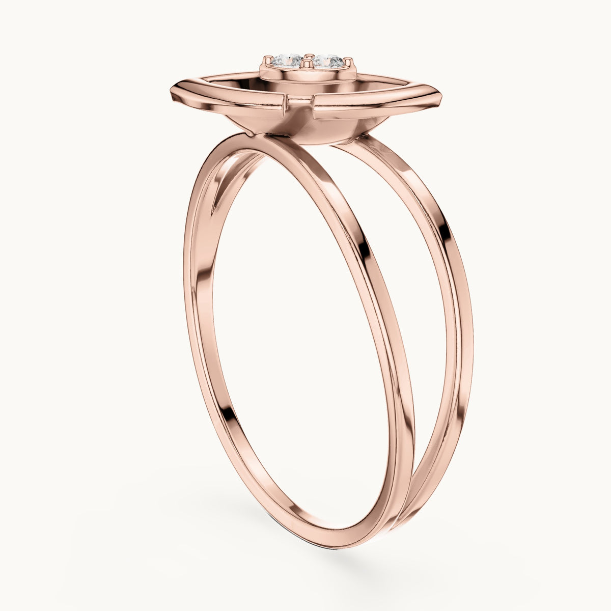 Round lab-grown diamond split band marquise frame ring in rose gold, 0.03 CT TW, view 1