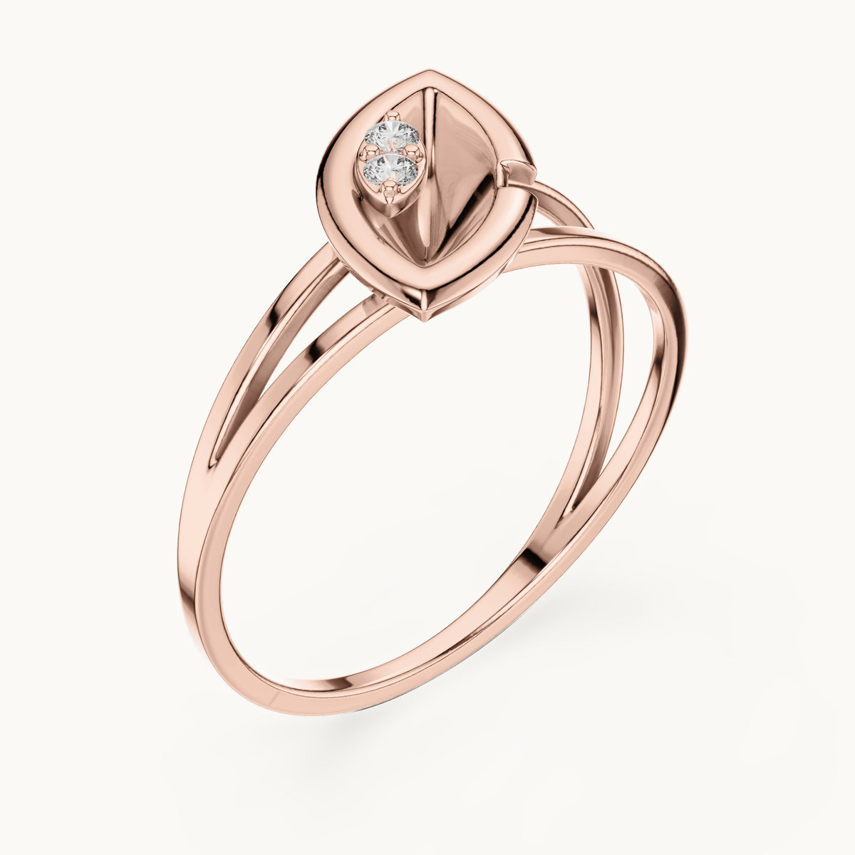 Round lab-grown diamond split band marquise frame ring in rose gold, 0.03 CT TW, view 2