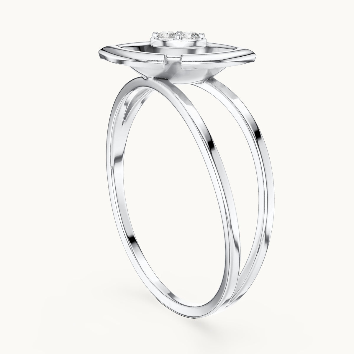 Round lab-grown diamond split band marquise frame ring in white gold, 0.03 CT TW, view 1