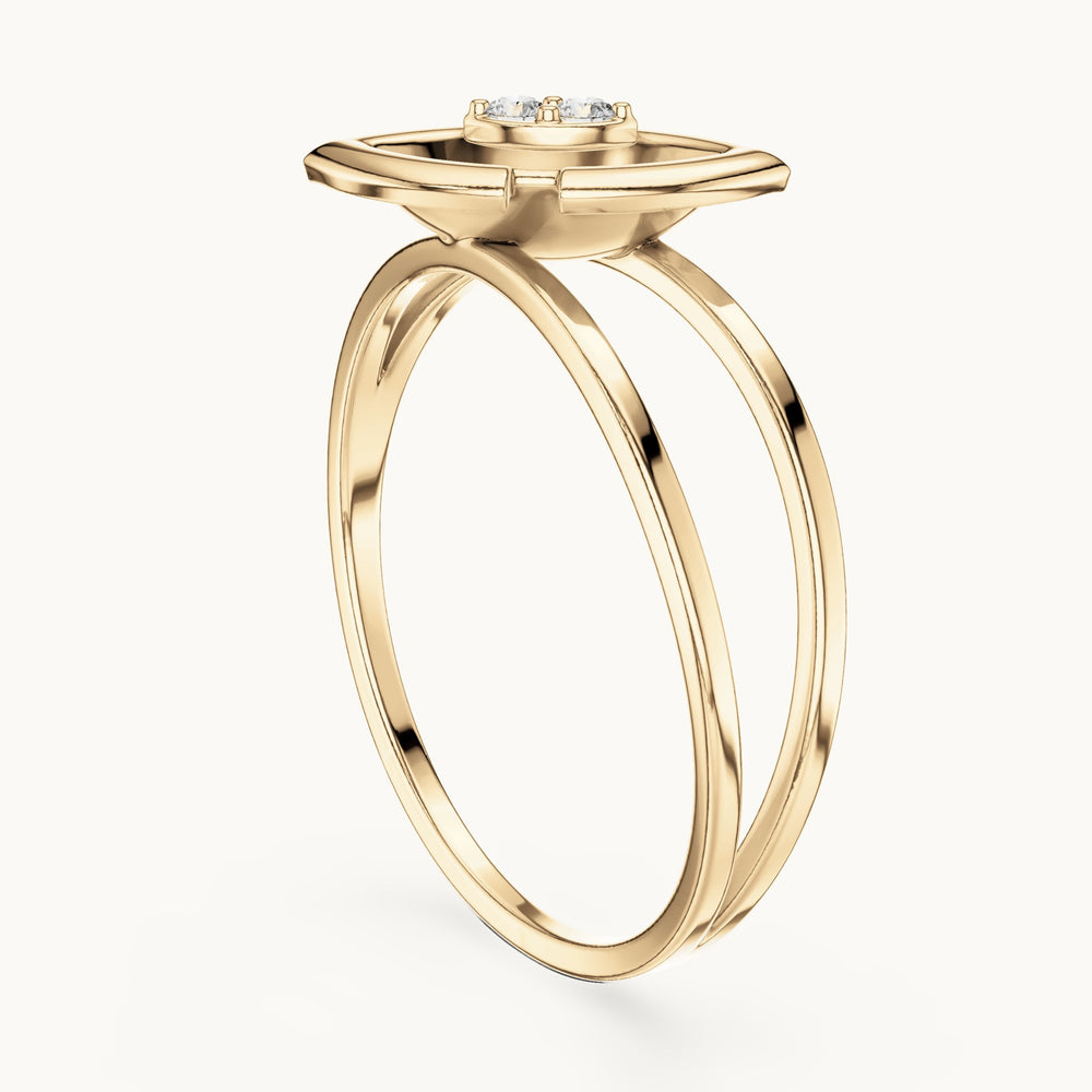 Round lab-grown diamond split band marquise frame ring in yellow gold, 0.03 CT TW, view 1